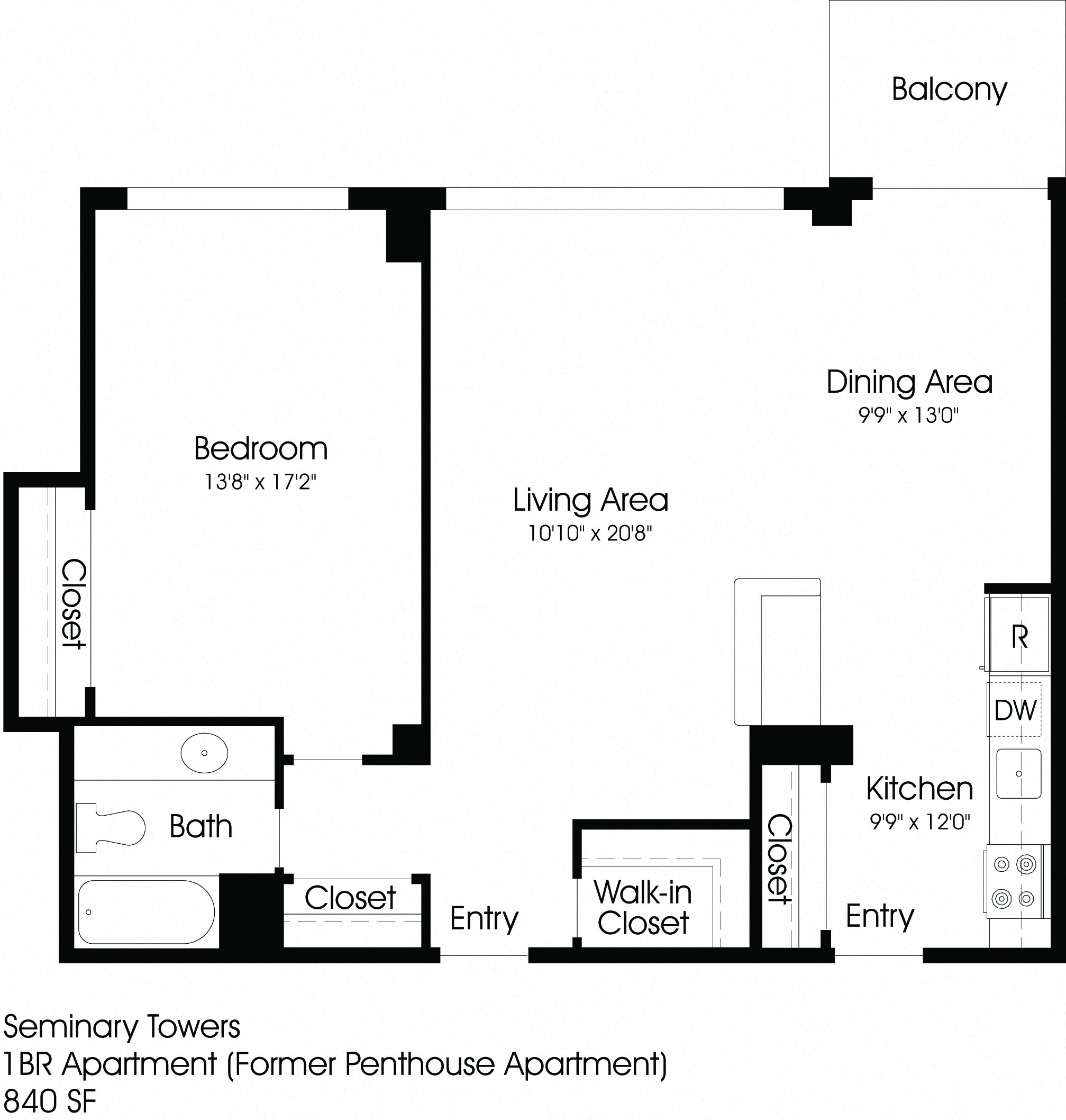 Floor plan for 1 bed, 1 bath, 840 sqft